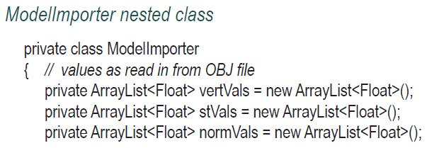 Modellmporter nested class private class Modellmporter { // values as read in from OBJ file private ArrayList