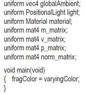 uniform vec4 globalAmbient; uniform PositionalLight light; uniform Material material; uniform mat4 m_matrix;
