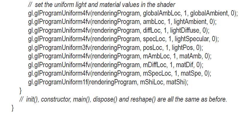 // set the uniform light and material values in the shader gl.glProgramUniform4fv(rendering