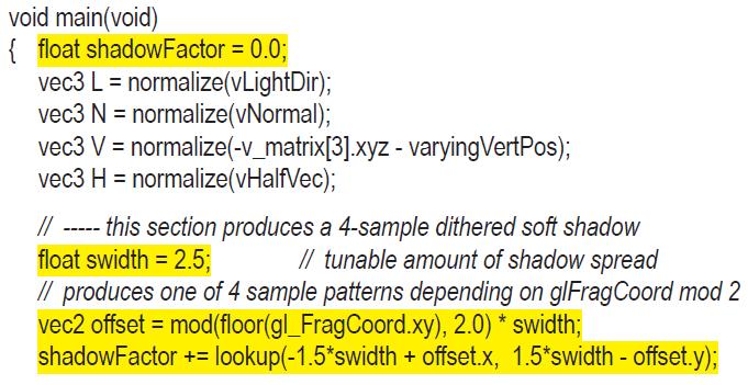void main(void) { float shadowFactor = 0.0; vec3 L = normalize(vLightDir); vec3 N = normalize(vNormal); vec3