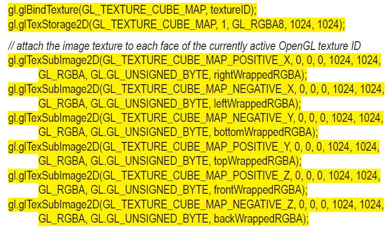 gl.glBind Texture(GL_TEXTURE_CUBE_MAP, textureID); gl.gl TexStorage2D(GL_TEXTURE_CUBE_MAP, 1, GL_RGBA8, 1024,