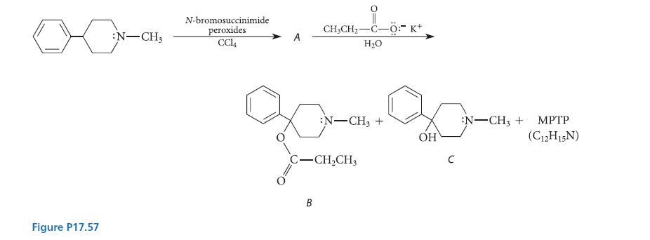 Figure P17.57 :N-CH3 N-bromosuccinimide peroxides CCL CHCH-C-: K+ HO CN- C-CHCH3 B 20 OH C :N-CH3 + N-CH3 +