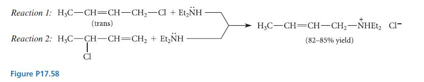 Reaction 1: HC-CH=CH-CH-Cl + EtNH (trans) Reaction 2: HC-CH-CH=CH + EtNH - 1 CI Figure P17.58