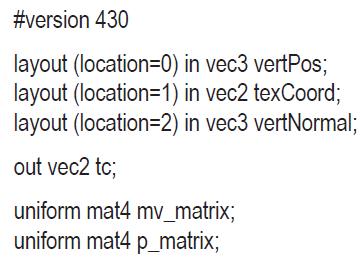 #version 430 layout (location=0) in vec3 vertPos; layout (location=1) in vec2 texCoord; layout (location=2)
