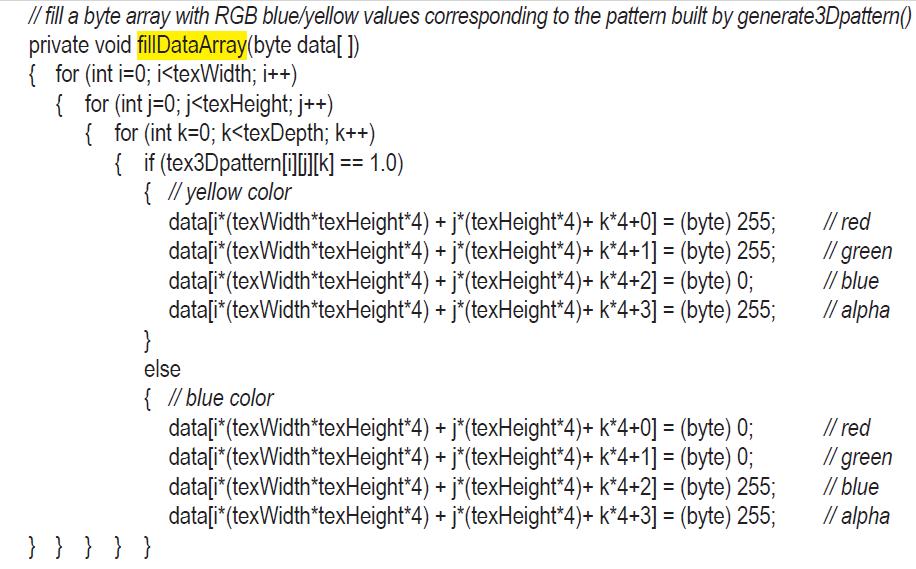 // fill a byte array with RGB blue/yellow values corresponding to the pattern built by generate3Dpattern()