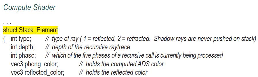 Compute Shader struct Stack Element { int type; int depth; // type of ray ( 1 = reflected, 2 = refracted.