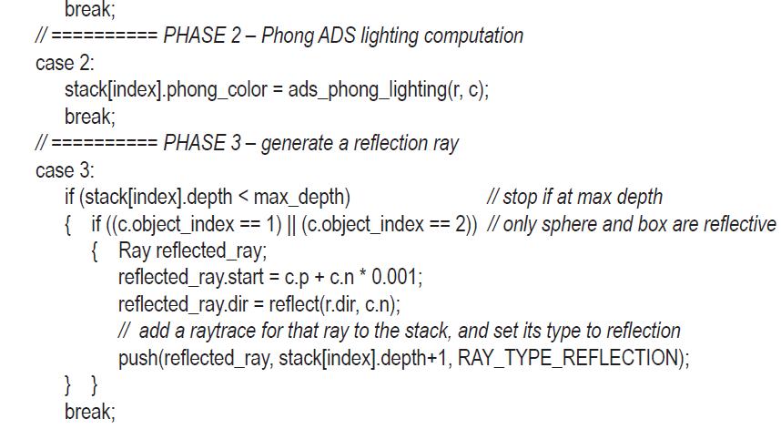 break; PHASE 2-Phong ADS lighting computation stack[index].phong_color= ads_phong_lighting(r, c); break;