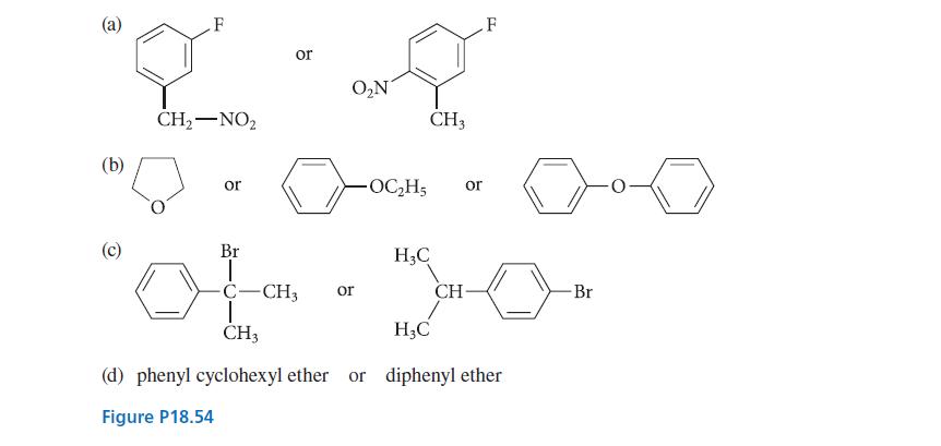 (a) or 22 ON (b) F (c) CH-NO or OCH5 CH3 HC or CH Br T -C-CH3 or T CH3 HC (d) phenyl cyclohexyl ether or