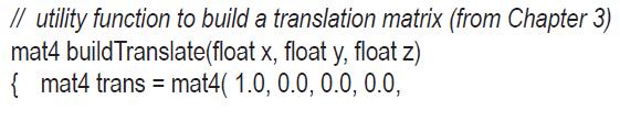 // utility function to build a translation matrix (from Chapter 3) mat4 build Translate(float x,float y,