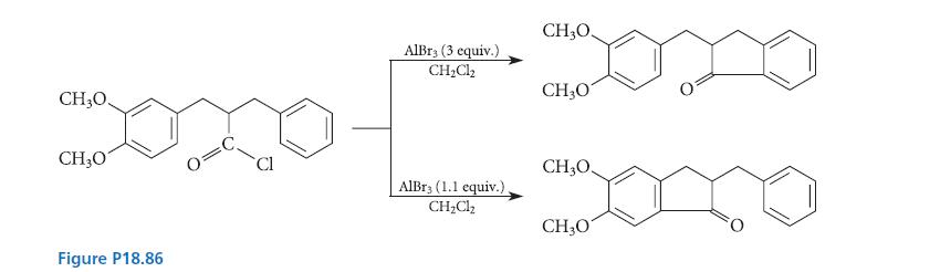 CH,O. CHO Figure P18.86 AlBrs (3 equiv.) CHCl AlBr3 (1.1 equiv.) CHCl CH,O, Domo CH307 CH3O CH3O