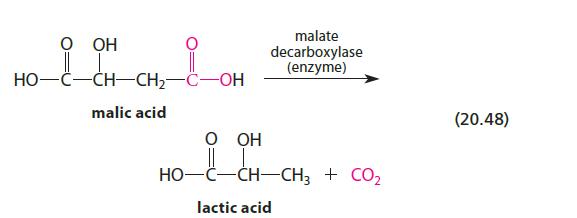 O OH HO-C-CH-CH-C-OH malic acid malate decarboxylase (enzyme) O OH HCCHCH3 + CO, lactic acid (20.48)
