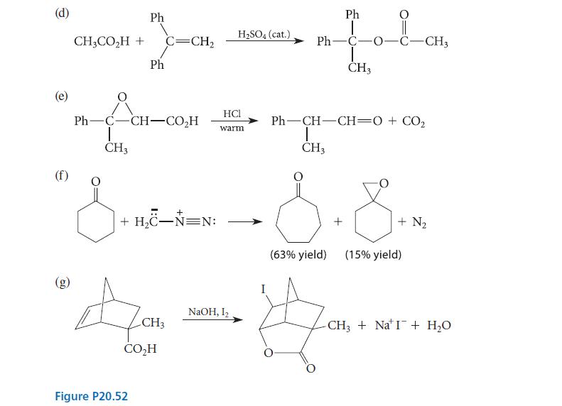(d) (f) Ph CH3COH + C=CH Ph PhCCH-CO,H I CH3 Figure P20.52 HSO4 (cat.) HCI warm Ph I || Ph- -C-0-C-CH3 NaOH,