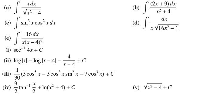 xdx (a) x-4 S (c) fs sin x cos x dx 16 dx (e) Soda (i) sec sec 4x + C (iv) (ii) log |x|log |x-41- 1 (iii) (3