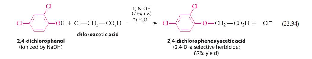 -OH+CI-CH-COH chloroacetic acid 2,4-dichlorophenol (ionized by NaOH) 1) NaOH (2 equiv.) 2) H3O+ Cl OCH2COH +
