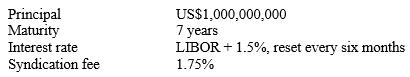 Principal Maturity Interest rate Syndication fee US$1,000,000,000 7 years LIBOR + 1.5%, reset every six