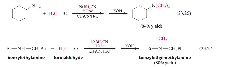 NH + HC=0 NaBH3CN HOAC CH3CN/HO EtNHCH,Ph + H,C=O benzylethylamine formaldehyde NaBH3CN  CH3CN/HO KOH KOH