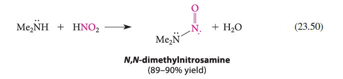 Me,NH + HNO, + HO MeN N,N-dimethylnitrosamine (89-90% yield) (23.50)