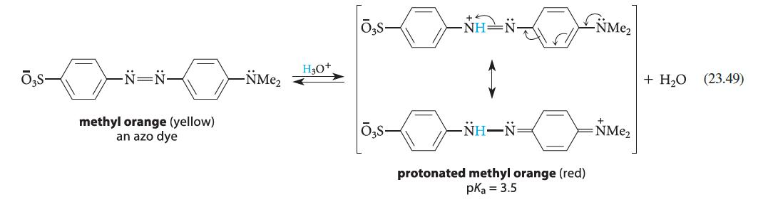 -N=N- methyl orange (yellow) an azo dye -NMe H3O+ NHN protonated methyl orange (red) pka = 3.5 NME =NMe + HO