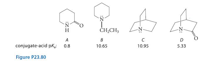 A conjugate-acid pKa: 0.8 Figure P23.80 CHCH3 B 10.65 A C 10.95 D 5.33