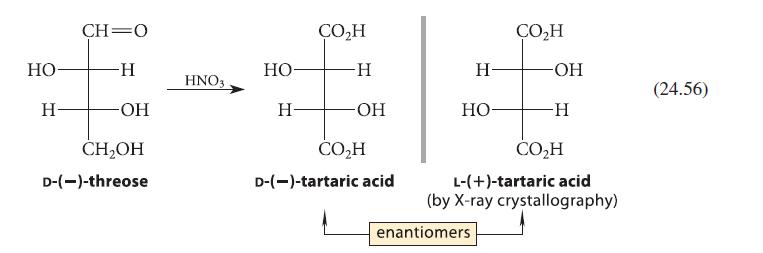 HO H CH O -H -OH CHOH D-(-)-threose HNO3 HO- H- COH -H -OH COH D-(-)-tartaric acid H- HO- enantiomers OH -OH