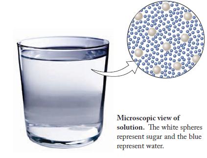 Microscopic view of solution. The white spheres represent sugar and the blue represent water.