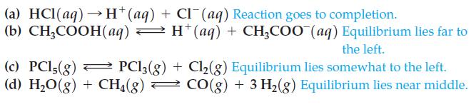(a) HCl(aq) H+ (aq) + Cl(aq) Reaction goes to completion. (b) CHCOOH(aq) H+(aq) + CH3COO (aq) Equilibrium