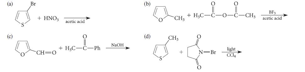 (a) (c) Br + HNO3 CH=0 acetic acid O -&-ph + HC-C-Ph NaOH (b) (d) CH3 + HC CH3 of + N-Br -0-C-CH3 light CCl4
