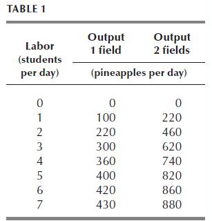 TABLE 1 Labor (students per day) 01234567 Output 2 fields (pineapples per day) Output 1 field 0 100 220 300