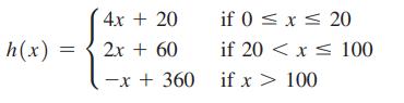 h(x) = 4x + 20 2x + 60 -x+ 360 if 0  x  20 if 20 < x 100 if x > 100