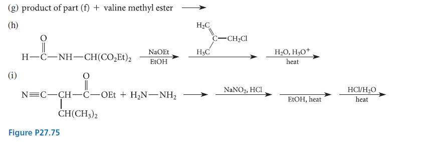 (g) product of part (f) + valine methyl ester (h) (i) || H-C-NH-CH(CO,Et)2 NaOEt EtOH N=C-CH-C-OEt + HN-NH L