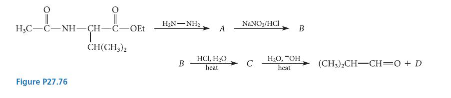 i || || H3C-C-NH-CH-C-OEt I CH(CH3)2 Figure P27.76 HNNH, B A HC1, HO heat NaNO/HCI C B HO, "OH heat
