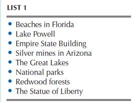 LIST 1 Beaches in Florida Lake Powell Empire State Building  Silver mines in Arizona The Great Lakes 