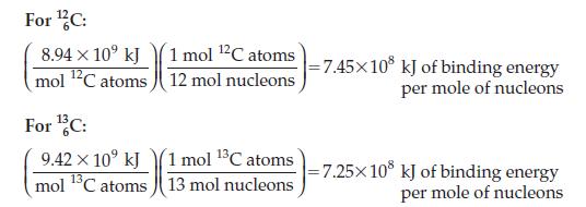 For C: 8.94 x 10 kJ mol 2 atoms 1 mol 2C atoms 12 mol nucleons For C: 9.42 x 10 kJ (1 mol  C atoms mol 13 C