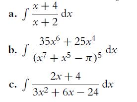 a. b. f c. f x + 4 x+2 dx 35x6+ 25x4 (x+x5-)5 2x + 4 3x + 6x-24 dx dx