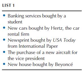 LIST 1 Banking services bought by a student  New cars bought by Hertz, the car rental firm  Newsprint bought