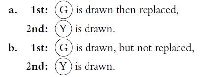 a. b. 1st: G) is drawn then replaced, 2nd: (Y) is drawn. 1st: (G) is drawn, but not replaced, 2nd: (Y) is