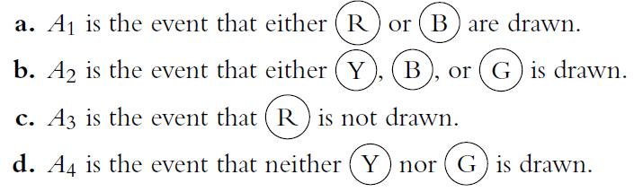 a. A is the event that either (R) or (B) are drawn. b. A is the event that either (Y) (B or (G) is drawn. c.