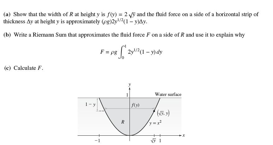 (a) Show that the width of R at height y is f(y) = 2y and the fluid force on a side of a horizontal strip of