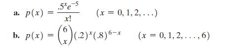 a. p(x) b. p(x) .5% e-s x! = - (1) (.2)*(.8) 6-* = (x = 0, 1, 2, ...) (x = 0, 1, 2,..., 6)