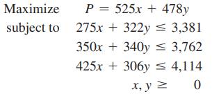 Maximize subject to P = 525x + 478y 275x + 322y  3,381 350x + 340y 3,762 425x+306y 4,114 x, y z 0