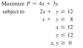 Maximize P = 4x + 3y subject to 2x + y = 12 x + y = 8 x  12 y  12 x, y = 0