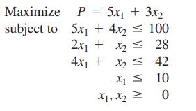 Maximize subject to 5x + 4x P = 5x + 3x 100 28 2x + x = 4x + x VI VI VI AI X1, X2 X10 42 = 0