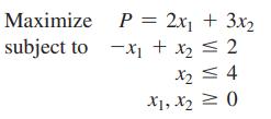 Maximize subject to P = 2x + 3x x + x = 2 x=4 X1, X = 0
