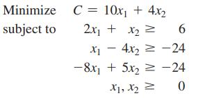 Minimize subject to C = 10x + 4x 2x + x = 6 x4x = -24 8x -8rp + 5x  24 X1, X2 0 =