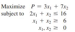 Maximize subject to P = 3x + 7x 2x + x  16 x + x = 6 X1, X2  0