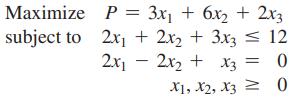 Maximize subject to P = 3x + 6x + 2x3 2x + 2x + 3x3  12 2x2x + x3 = 0 X1, X2, X30