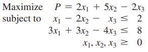 Maximize subject to x - - P = 2x + 5x - 2x3 - 2xx3 = 2 - 4x3  8 X1, X2, X3 = 0 1, 2, 2x 3x3x