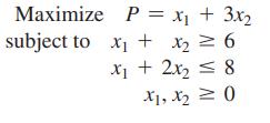 Maximize P = x + 3x subject to x + x = 6 x + 2x  8 X1, X = 0