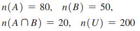 n(A) = 80, n(B) = 50, n(ANB) = 20, n(U) = 200