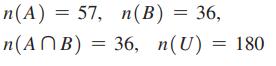 n(A) = 57, n(ANB)= n(B) = 36, 36, n(U) = 180